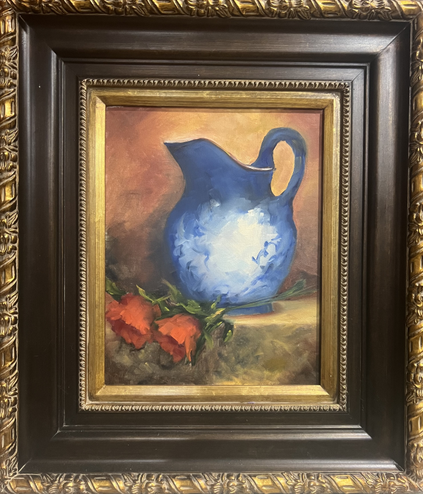 Red Roses with Blue Pitcher by Lana Pike
