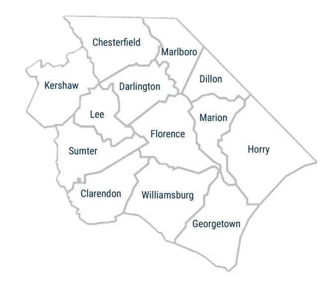 ECHO Service Area image of counties served. Chesterfield, Clarendon, Darlington, Dillon, Florence, Georgetown, Horry, Kershaw, Lee, Marion, Marlboro, Sumter, and Williamsburg
